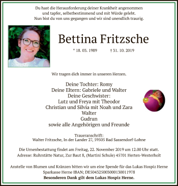 Todesanzeige von Bettina Fritzsche von MZV