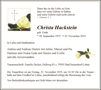 Todesanzeige von Christa Hackstein von MZV