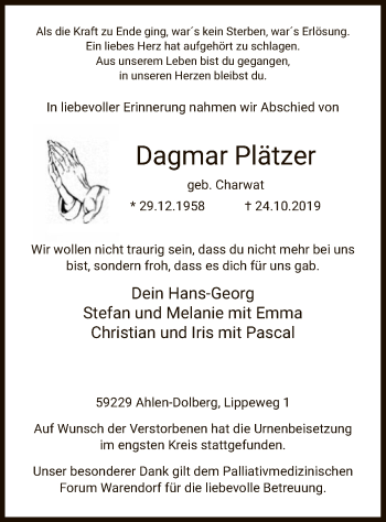 Todesanzeige von Dagmar Plätzer von MZV