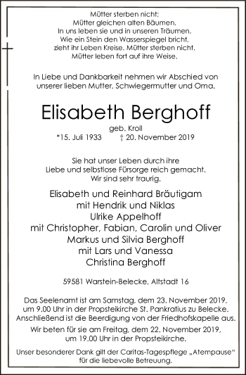 Todesanzeige von Elisabeth Berghoff von MZV