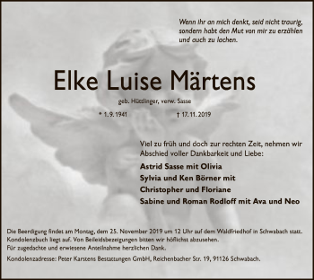 Todesanzeige von Elke Luise Märtens von MZV