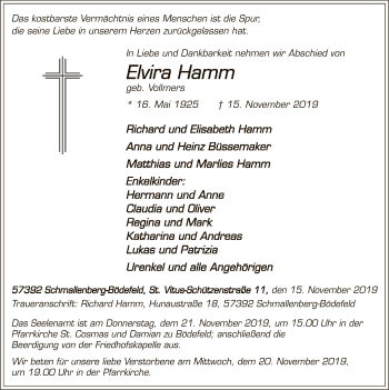 Todesanzeige von Elvira Hamm von MZV