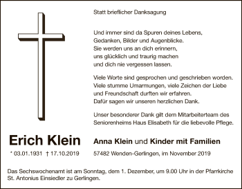 Todesanzeige von Erich Klein von MZV