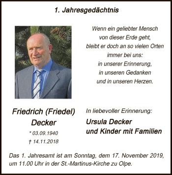 Todesanzeige von Friedrich Decker von MZV