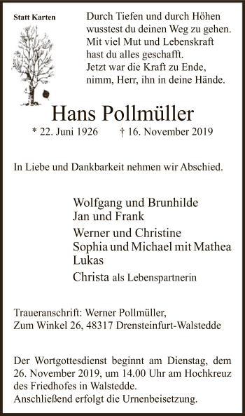 Todesanzeige von Hans Pollmüller von MZV