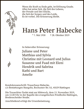 Todesanzeige von Hans Peter Habecke von MZV