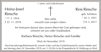 Todesanzeige von Heinz-Josef und Resi Rinsche von MZV