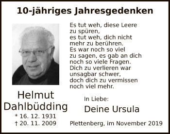 Todesanzeige von Helmut Dahlbüdding von MZV