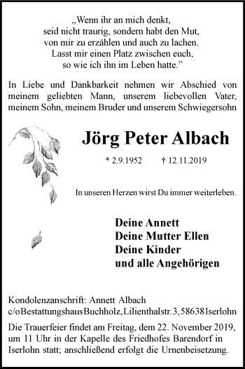 Todesanzeige von Jörg Peter Albach von MZV