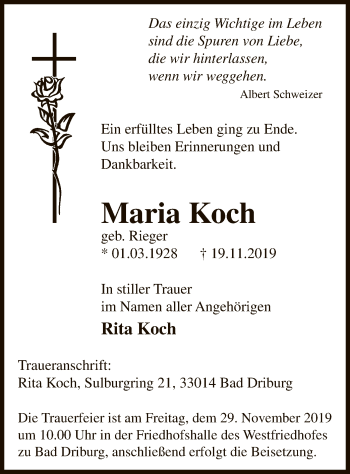 Todesanzeige von Maria Koch von MZV