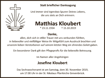 Todesanzeige von Matthias Kloubert von MZV