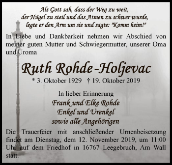 Todesanzeige von Ruth Rohde-Holjevac von MZV
