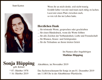 Todesanzeige von Sonja Hüpping von MZV