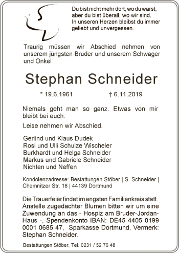 Todesanzeige von Stephan Schneider von MZV