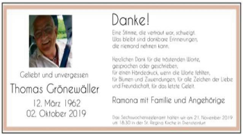 Todesanzeige von Thomas Grönewäller von MZV