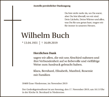 Todesanzeige von Wilhelm Buch von MZV