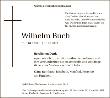 Todesanzeige von Wilhelm Buch von MZV