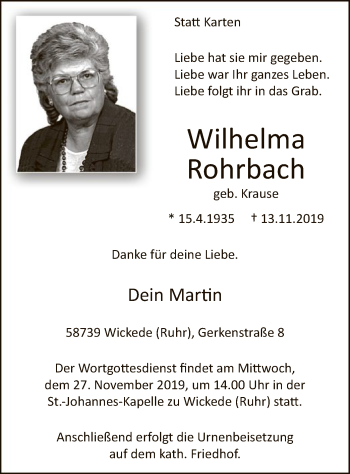 Todesanzeige von Wilhelma Rohrbach von MZV