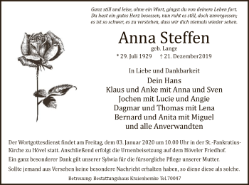 Todesanzeige von Anna Steffen von MZV