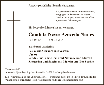 Todesanzeige von Candida Neves Azevedo Nunes von MZV