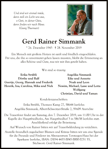 Todesanzeige von Gerd Rainer Simmank von MZV