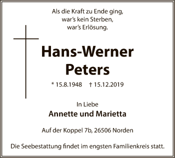 Todesanzeige von Hans-Werner Peters von MZV