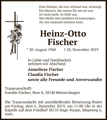 Todesanzeige von Heinz-Otto Fischer von MZV