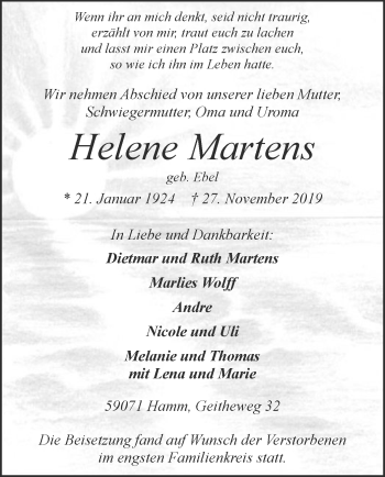 Todesanzeige von Helene Martens von MZV