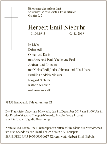 Todesanzeige von Herbert Emil Niebuhr von MZV