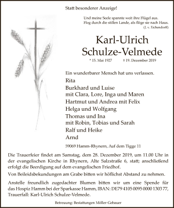 Todesanzeige von Karl-Ulrich Schulze-Velmede von MZV