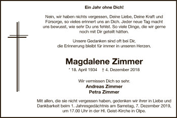 Todesanzeige von Magdalene Zimmer von MZV