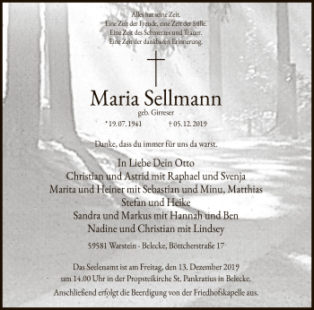 Todesanzeige von Maria Sellmann von MZV