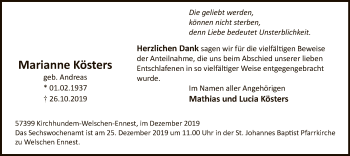 Todesanzeige von Marianne Kösters von MZV