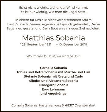 Todesanzeige von Matthias Sobania von MZV