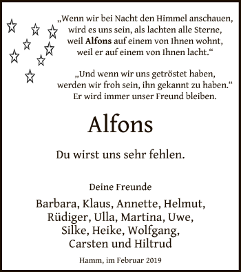 Todesanzeige von Alfons  von MZV