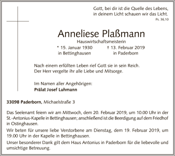 Todesanzeige von Anneliese Plaßmann von MZV