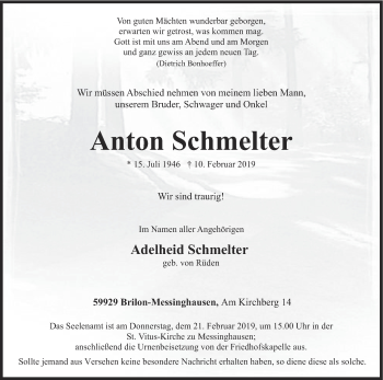 Todesanzeige von Anton Schmelter von HSK