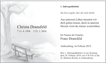 Todesanzeige von Christa Dransfeld von HSK