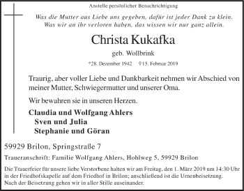 Todesanzeige von Christa Kukafka von HSK