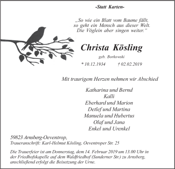 Todesanzeige von Christa Kösling von HSK
