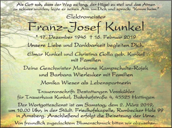 Todesanzeige von Franz-Josef Kunkel von HSK