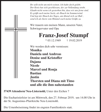 Todesanzeige von Franz-Josef Stumpf von HSK