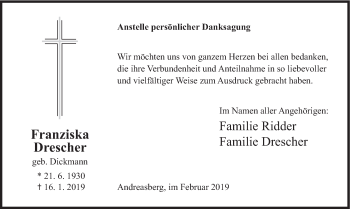Todesanzeige von Franziska Drescher von HSK