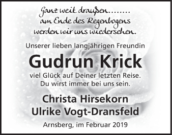 Todesanzeige von Gudrun Krick von HSK
