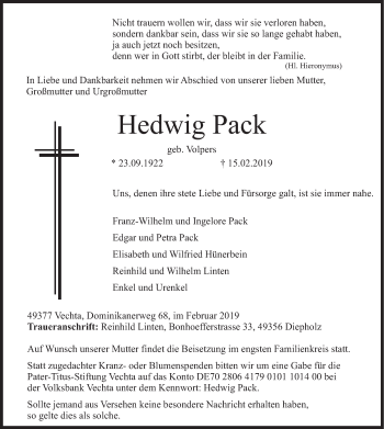 Todesanzeige von Hedwig Pack von HSK
