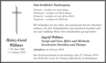Todesanzeige von Heinz-Gerd Willmes von HSK