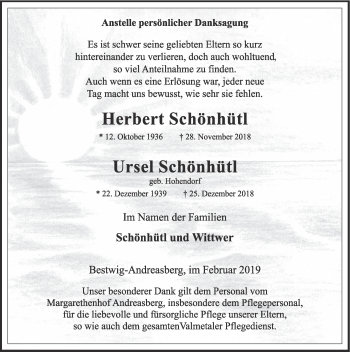 Todesanzeige von Herbert und Ursel Schönhütl von HSK