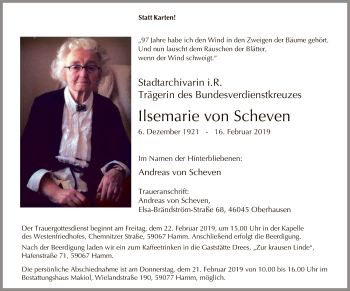 Todesanzeige von Ilsemarie von Scheven von MZV