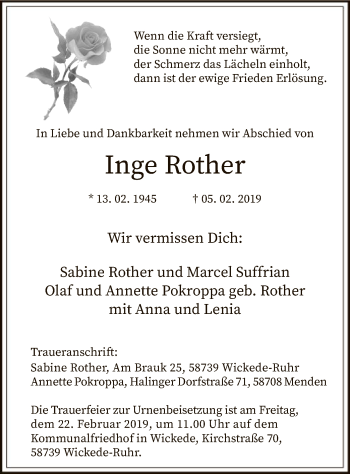Todesanzeige von Inge Rother von MZV