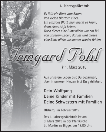 Todesanzeige von Irmgard Pohl von HSK
